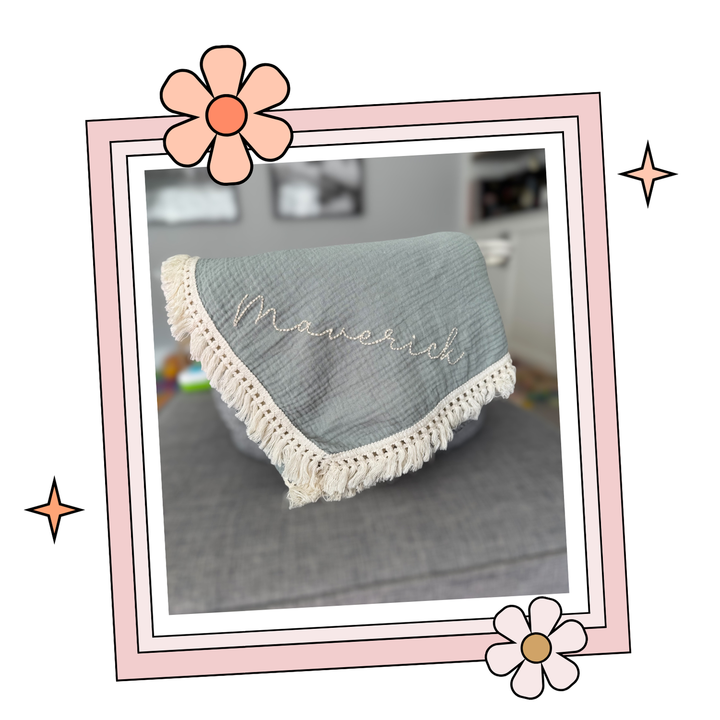 Custom Embroidered Fringed Swaddle Blanket