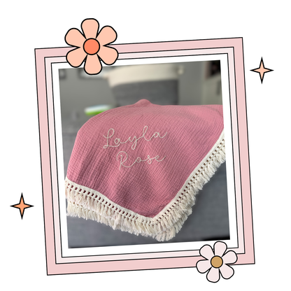 Custom Embroidered Fringed Swaddle Blanket